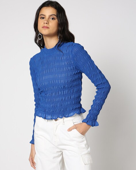 Women Smocked High-Neck Fitted Top