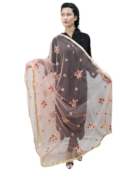 Embroidered Net Dupatta with Lace Border Price in India