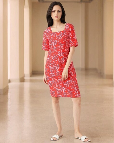 Floral Linen Mix Square Neck Shift Dress