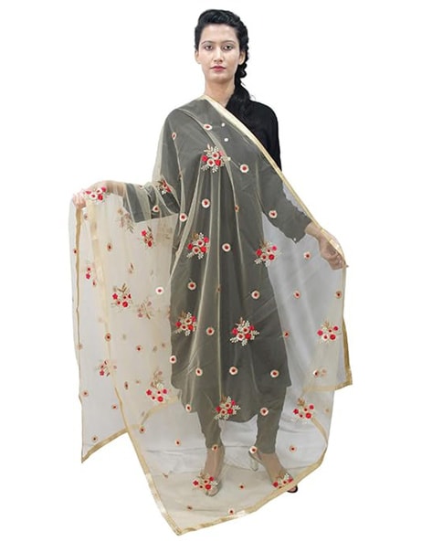 Embroidered Net Dupatta with Lace Border Price in India