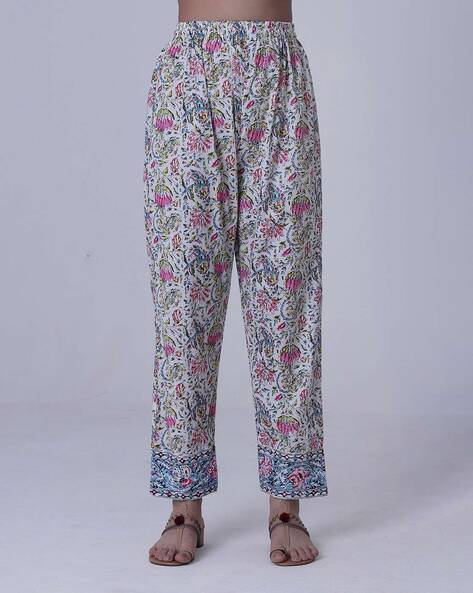 Women Floral Print Pants with Elasticated Waistband Price in India