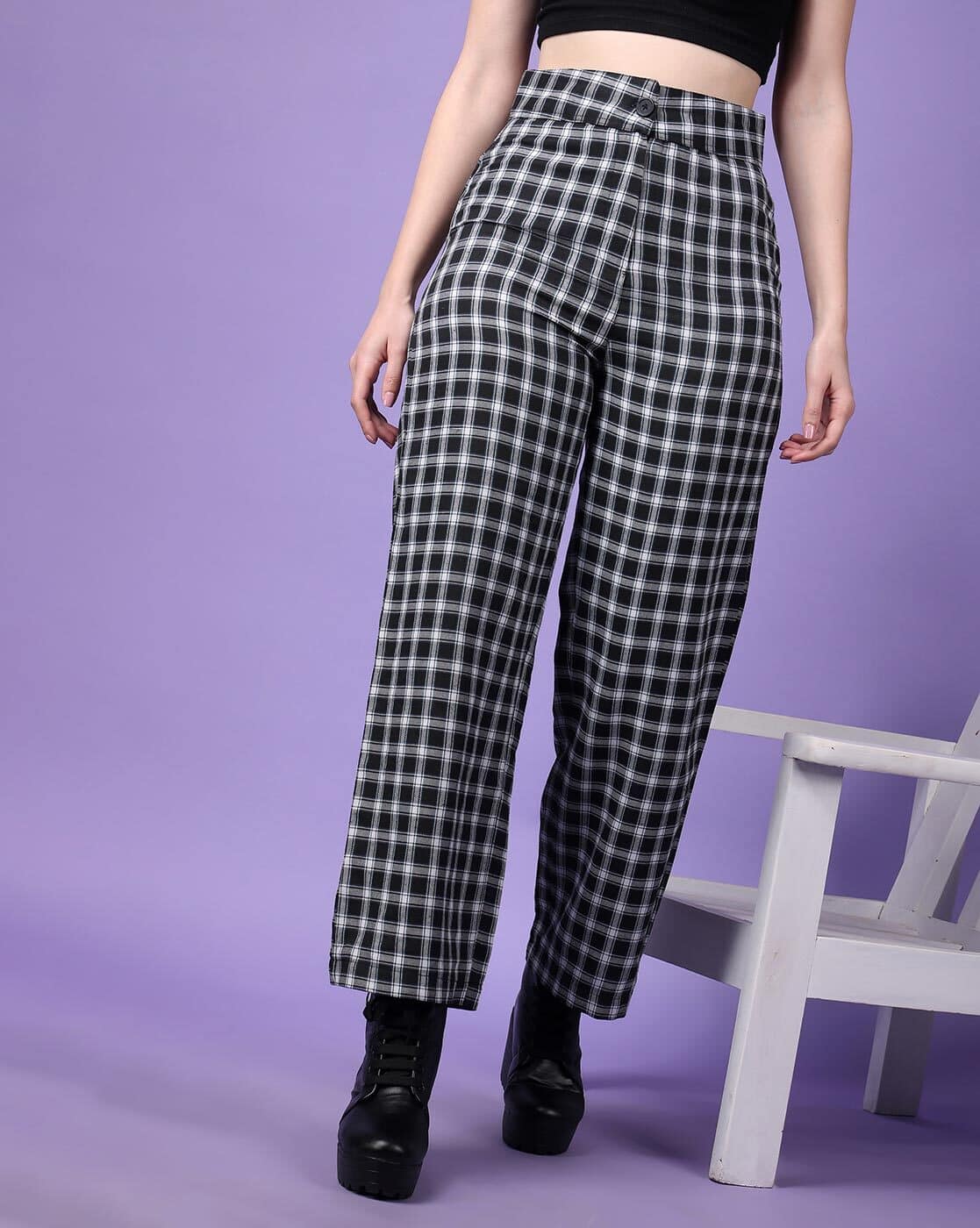 Buy POPWINGS women Straight Fit Checked Trousers Online | Ajio.com