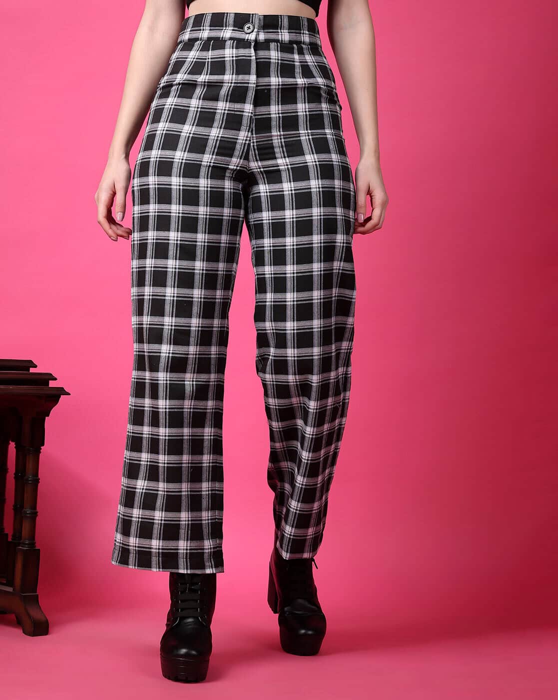 Buy POPWINGS women Straight Fit Checked Trousers Online | Ajio.com