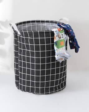 Checked Cylindrical Laundry Basket