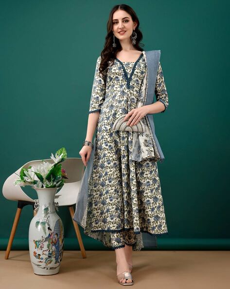 Floral Print Anarkali Kurta with Pants & Dupatta