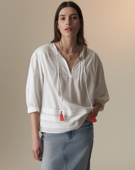 Marks & Spencer Pure Cotton Tie Neck Pintuck Blouse