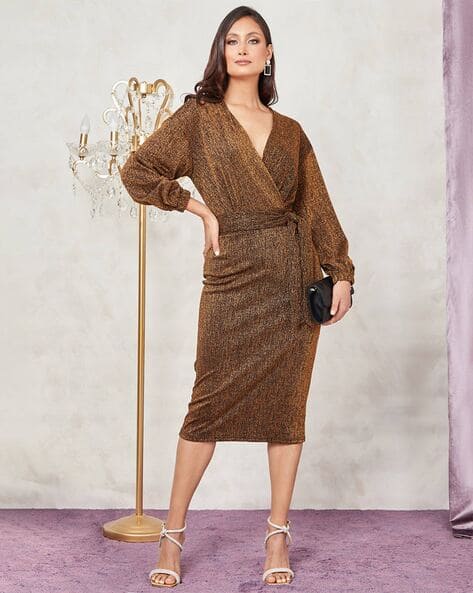 Women Long Sleeves Sweetheart Neck Glitter Wrap Midi Dress