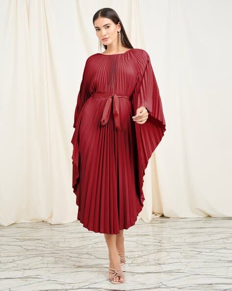 accordion pleated dress Pleat – The Dress Co Do Not Iron Buy Women Green Tie-Up Neck