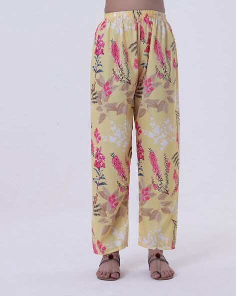 Women Leaf Print Pants with Elasticated Waistband Price in India
