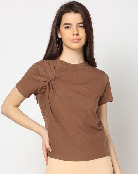 Women Relaxed Fit Round-Neck Top with Twist-Front