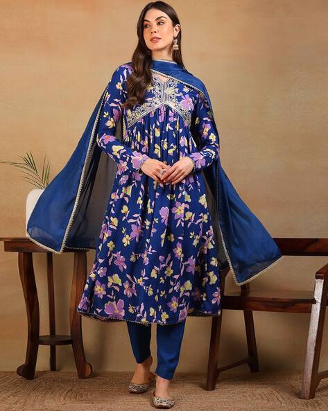 Ahika Floral Print A-Line Kurta with Pants & Dupatta