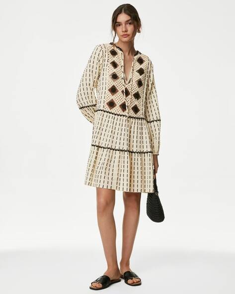Marks & Spencer Cotton Rich Textured Tie Neck Mini Dress