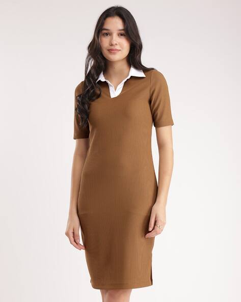 princess polly baby blue dress safuny Women's Plus Size Knee Length Pleated Dress Solid Color Winter Crew  Neck Elegant Casual Trendy Holiday Short Sleeve Fall Dresses Clearance Brown  M