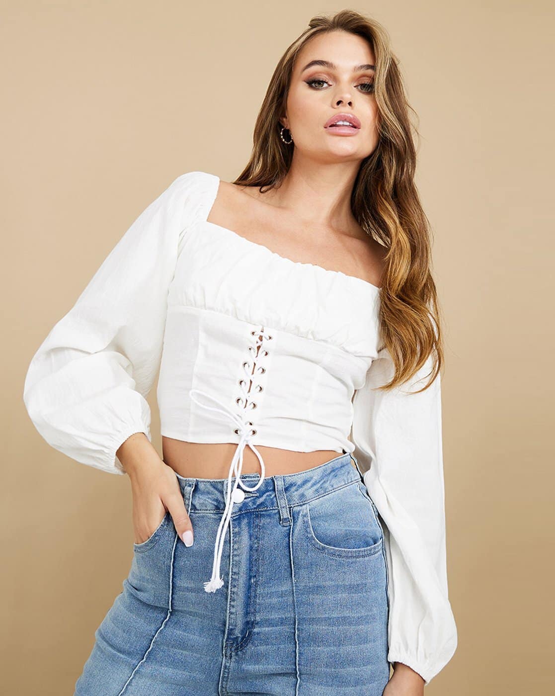 売れ筋商品|||グラマラス シャツ レディース トップス SMOCKED CROP TOP WITH STRAIGHT NECK & PUFF SLEEVES - Blouse - light stone LUYAA Womens Tops Dressy Casual Frill Mock Neck Smocked