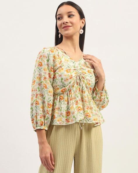 MADAME Women Floral Relaxed Fit Top with V-Neck