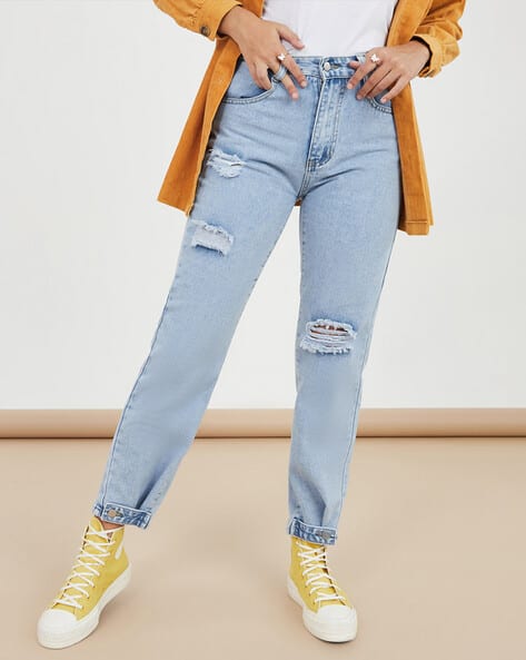 Women Distress High Rise Cuffed Leg Boyfriend Jeans - Main Image