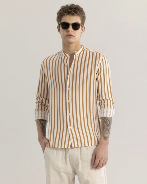 Men Striped Slim Fit Shirt with Mandarin Collar