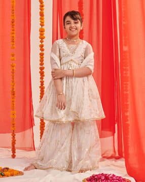 Girls Floral Print A-Line Kurta with Sharara & Dupatta