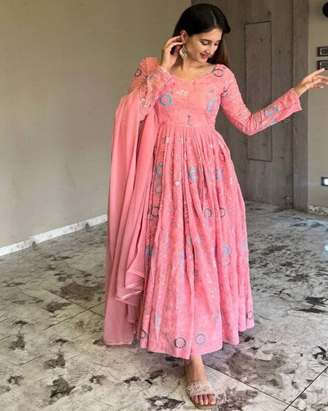 Women Embroidered Semi-stitched Anarkali Dress Material Price in India