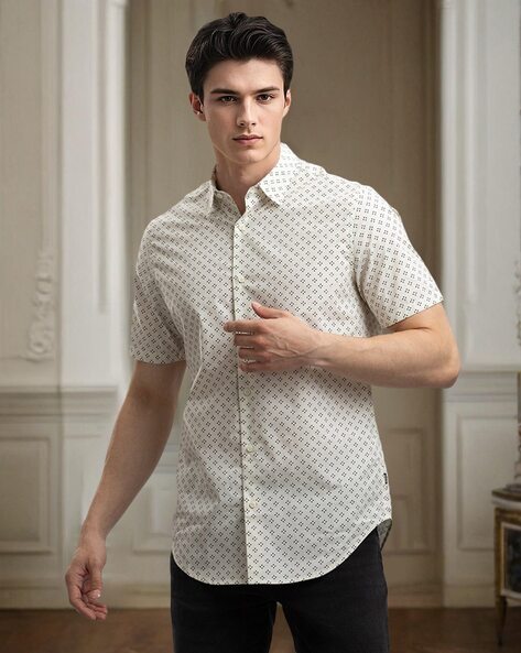 Printed Poplin Regular Fit Shirt with Spread Collar