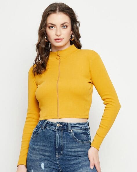 Ajio Yellow Zip Up Crop Top Women Ribbed Relaxed Fit Zip-Up Crop Top