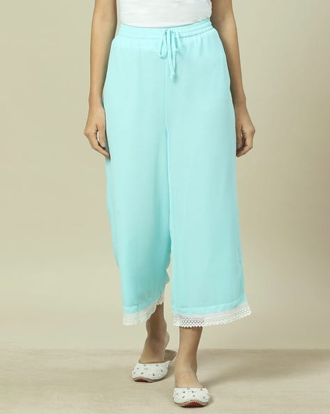 Rangriti Women Flared Palazzos with Lace Trim