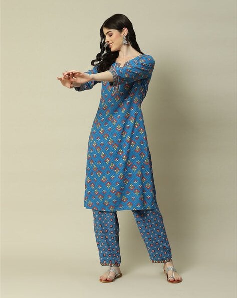 Rangriti Women Floral Print Straight Kurta with Pants