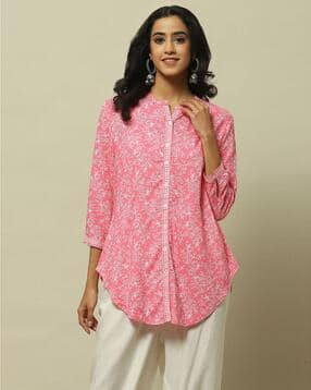 Women Floral Print Top with Band Collar-image-22