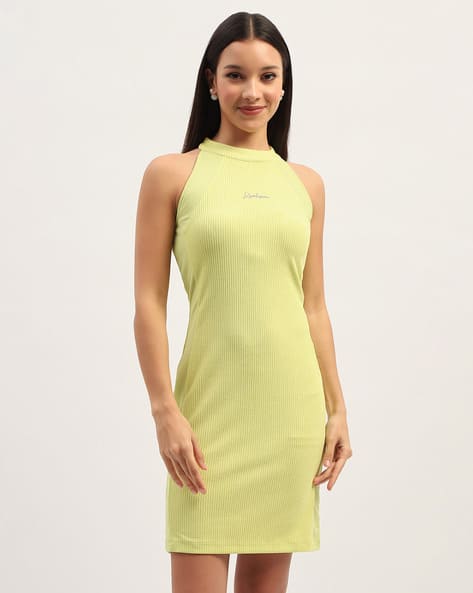 MADAME Women Ribbed Bodycon Dress with Crew Neck