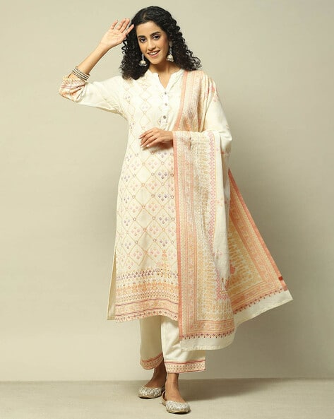 Rangriti Women Floral Print Straight Kurta with Palazzos & Dupatta