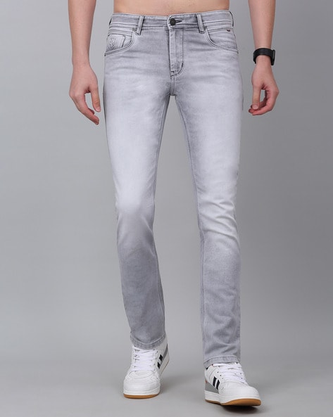 Mid-Wash Mid-Rise Straight Jeans