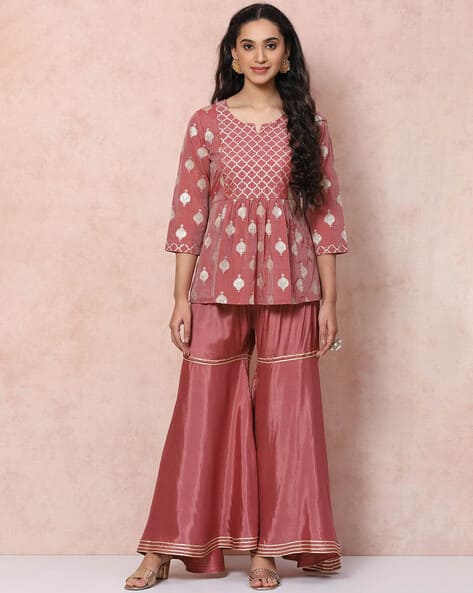 Women Floral Woven A-Line Kurta & Sharara Set