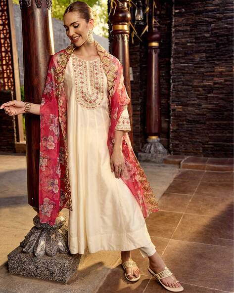 Embroidered A-Line Kurta with Palazzos & Dupatta