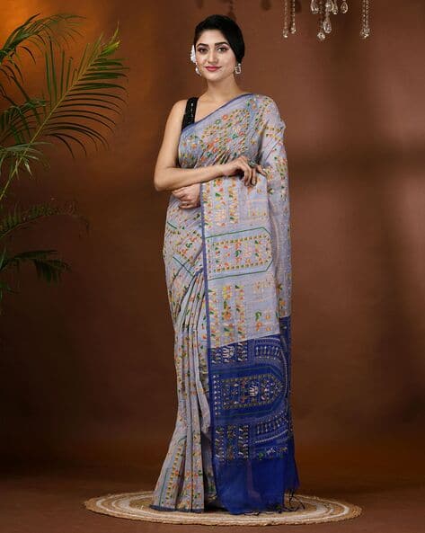 Indie Picks Printed Cotton Silk Handloom Saree with Contrast Border