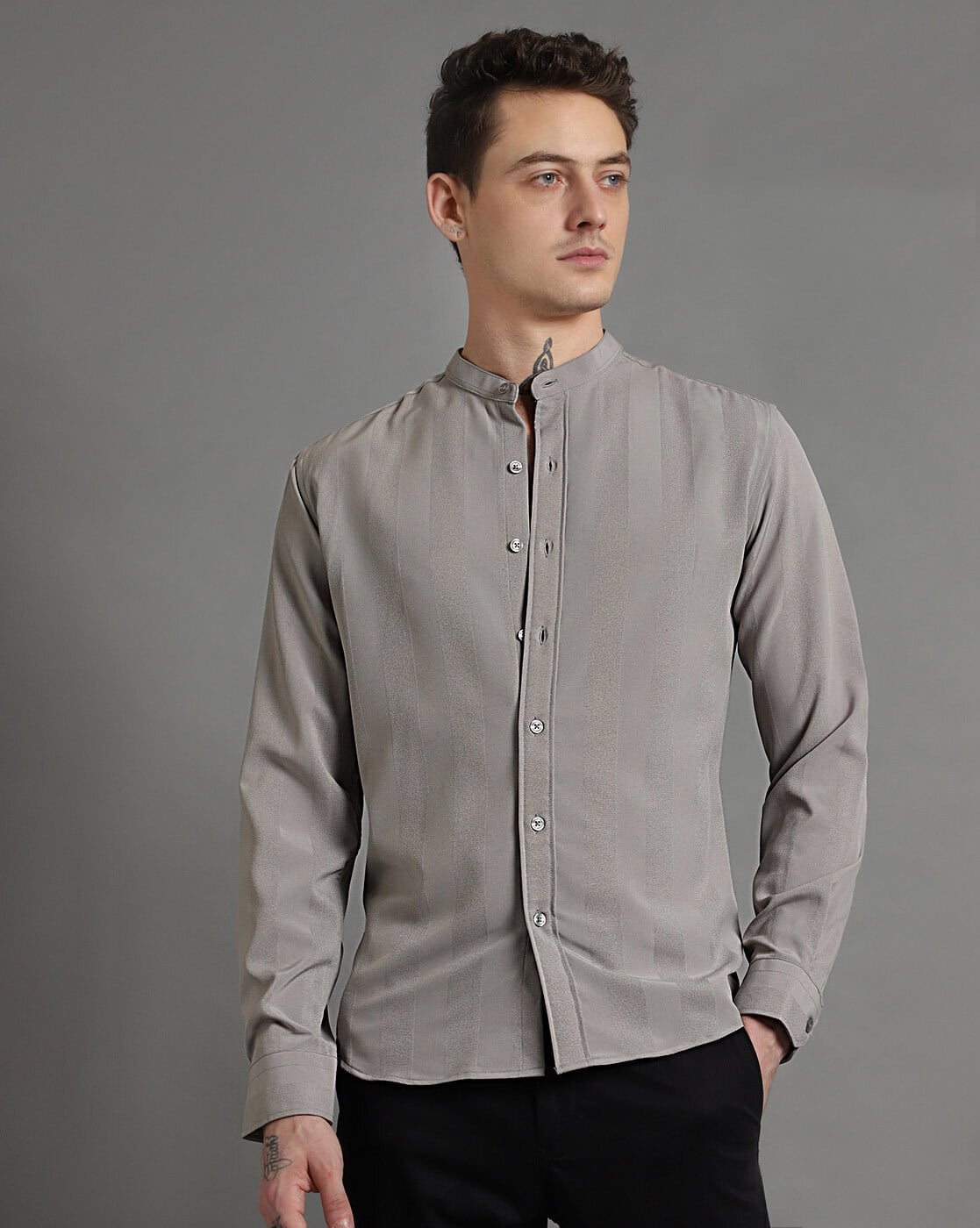 BANANA CLUB Men Regular Fit Mandarin-Collar Shirt For Men (Grey, M)