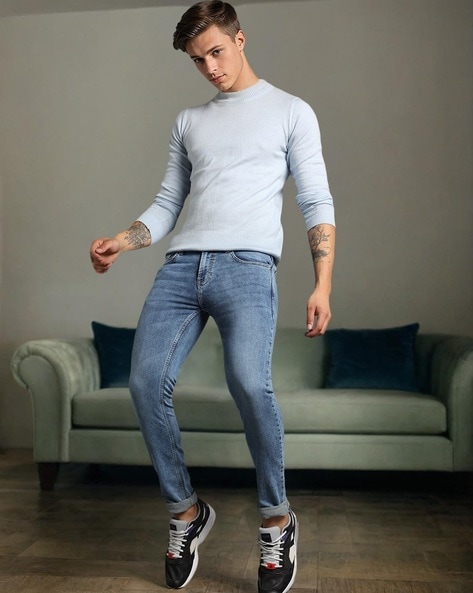 Men Heavily Washed Skinny Fit Jeans