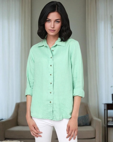 Cotton Mix Plain Spread-Collar Shirt