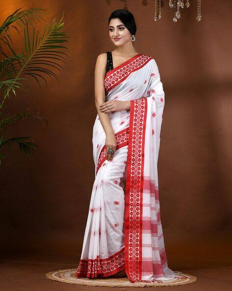 Indie Picks Pure Handloom Cotton Saree with Woven Contrast Border