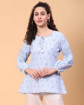 Women Geometric Print A-Line Tunic with Tassels-image-38