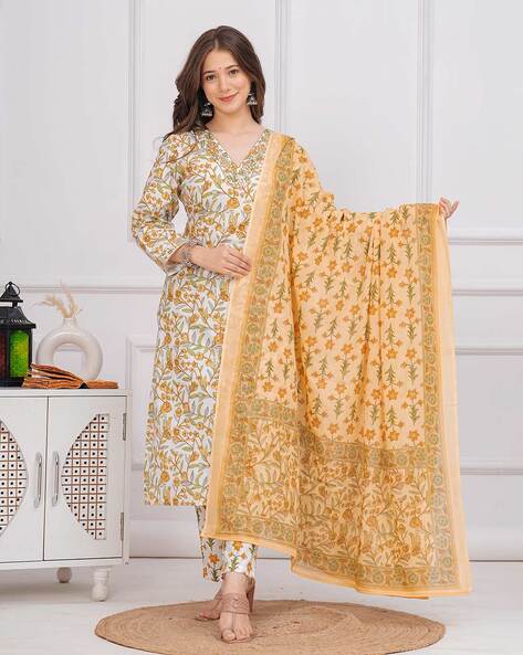 Kurta Set - Beautiful Women Multicoloured Floral Printed Straight Kurta with Trousers & Dupatta - buy 3 Piece Set Indian Dress Salwar Kamiz