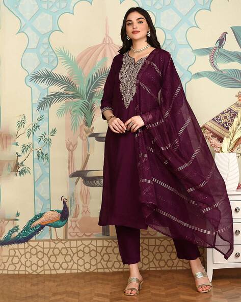 Embroidered A-Line Kurta with Palazzos & Dupatta