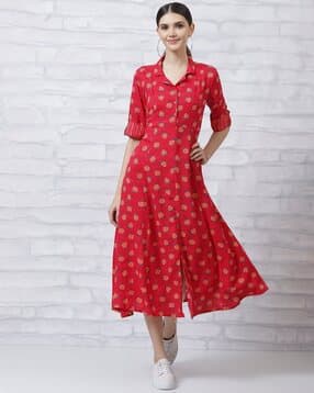 Women Floral Print Fit & Flare Kalidar Dress-image-25