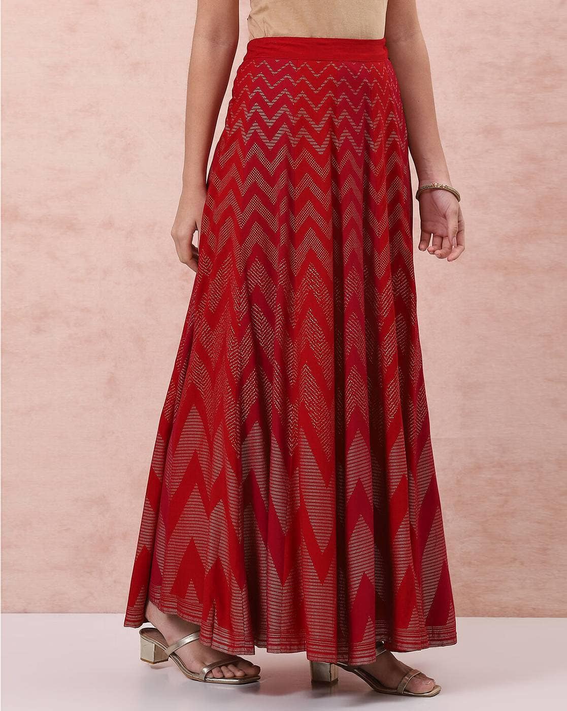 Rangriti Women Embellished Flared Skirt For Women (Red, L)