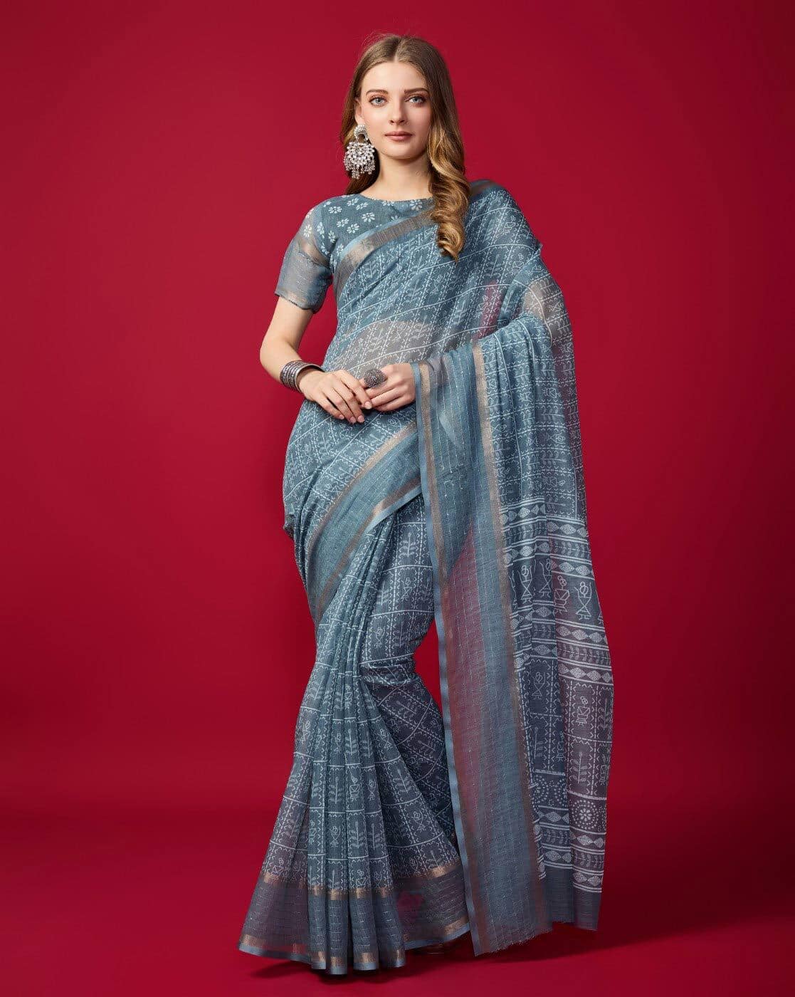 Fashionfricks Floral Print Saree with Zari Border For Women (Grey, OS)