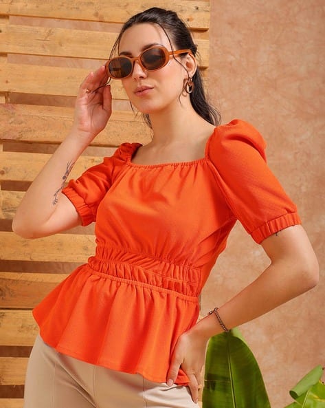 Women Fitted Peplum Top with Puff Sleeves