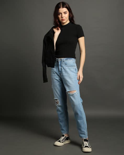 Lee Cooper Women Lightly Washed Distressed Tapered Fit Jeans