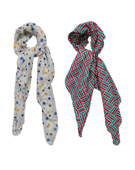 Women Pack of 2 Polka-Dot Scarfs with Stitched Detail Price in India