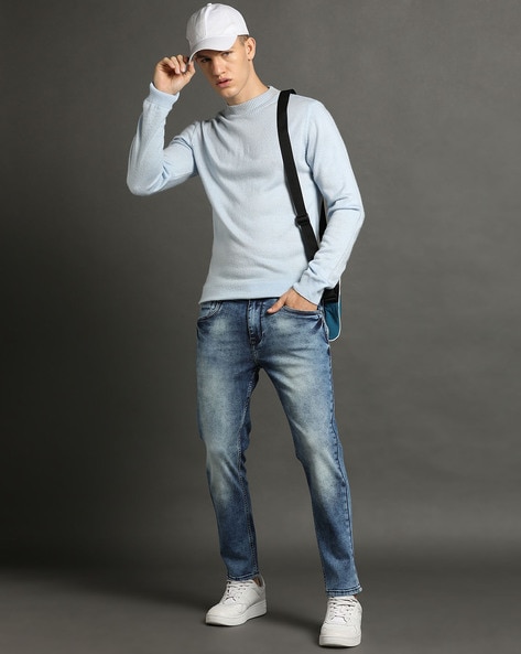 Men Heavily Washed Skinny Cropped Jeans