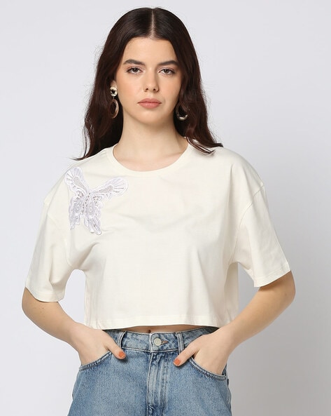Women Regular Fit Top with Butterfly Applique