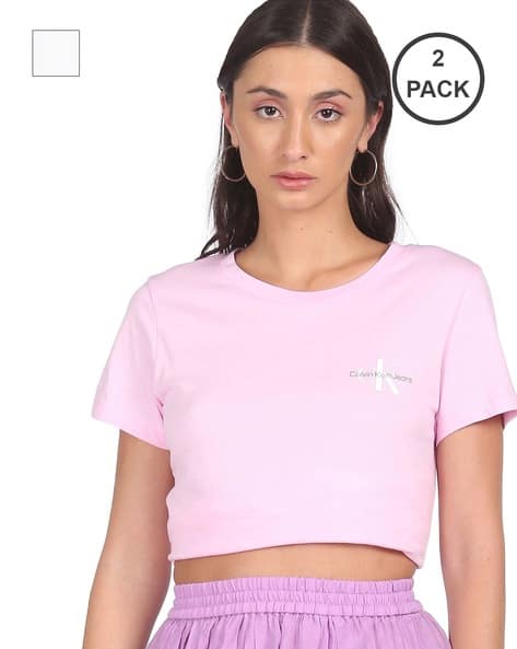 Pack of Women Logo Print Slim Fit Round-Neck T-Shirts